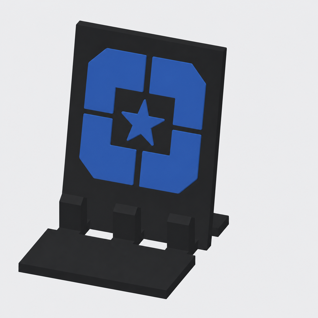 Finished Lonestar universal phone stand with large blue emblem