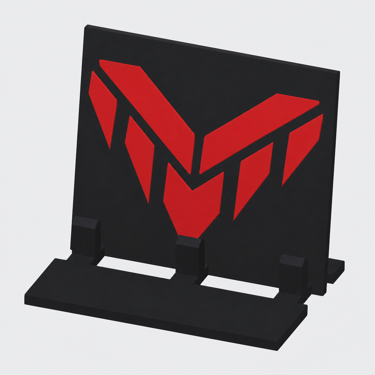 Finished Valkyra universal tablet stand with large red emblem