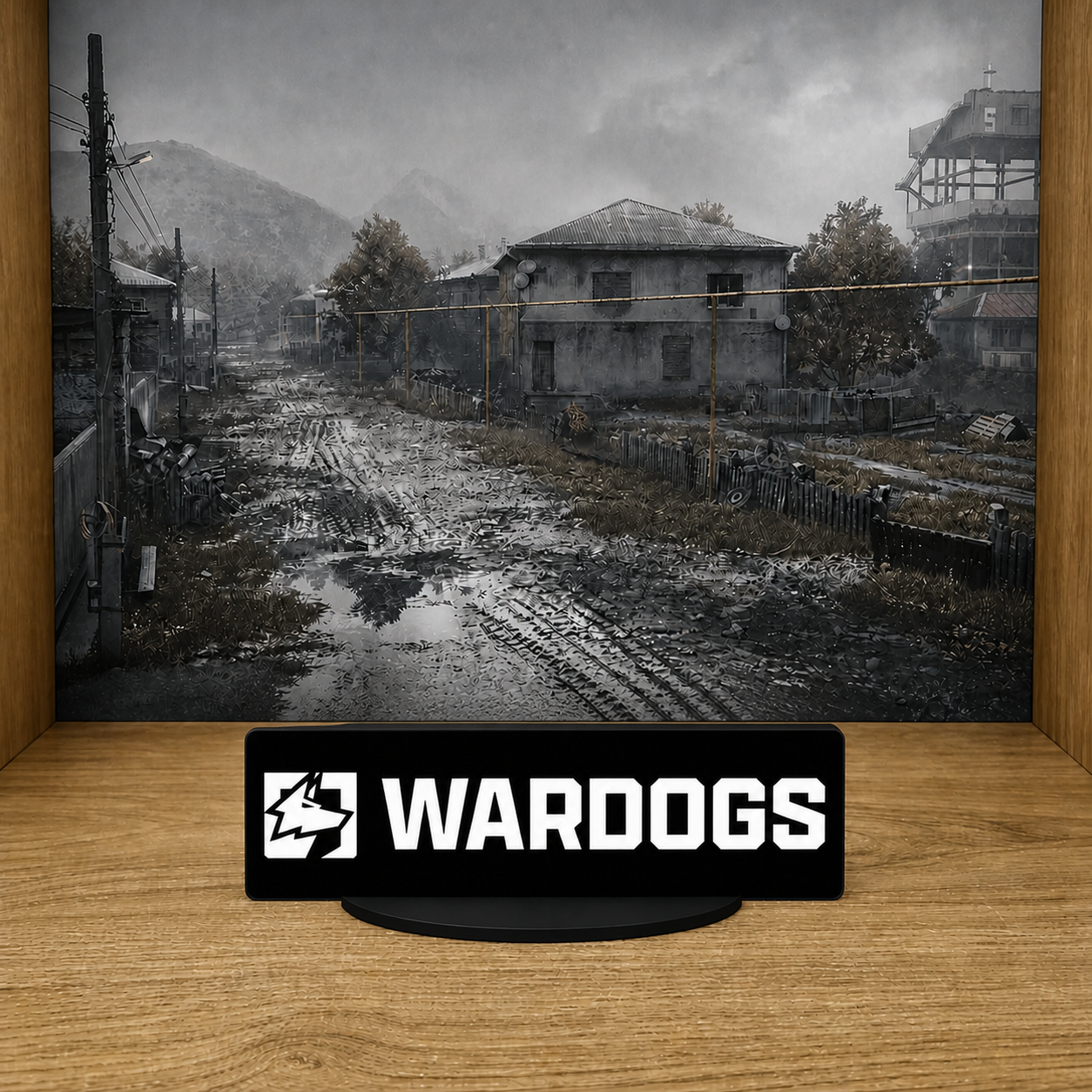 WARDOGS White Landscape desk logo resting low on a connected black base with Lonestar mural